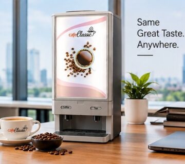 Cafe Classic vending machine in a meeting room with a cup of coffee